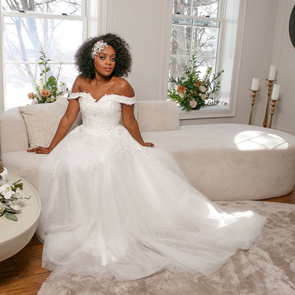 Off-Shoulder A-Line Wedding Dress with Beaded Lace Appliqué & Glitter Tulle